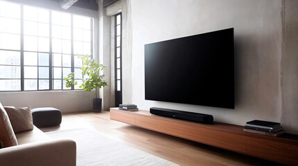 Modern living room interior with large flat screen tv on a wooden console and natural light. 
