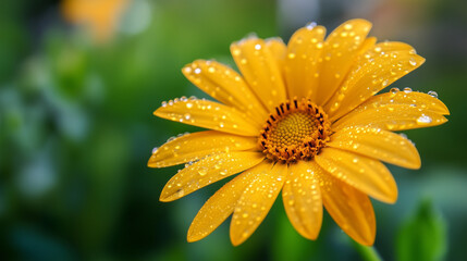 Yellow daisy with water droplets in a vibrant green garden