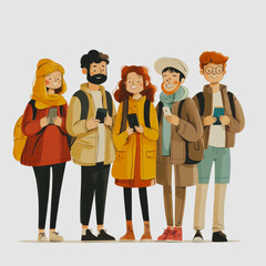 Group of diverse young people standing together, smiling and using smartphones, dressed in colorful winter clothing, enjoying time outdoors in a friendly atmosphere
