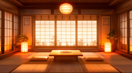 Traditional japanese tea room interior with warm lighting and tatami mats