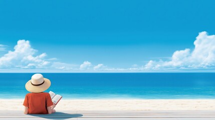 A woman enjoying a peaceful moment at the beach, sitting under a sunhat while reading a book. The calm ocean and blue sky 