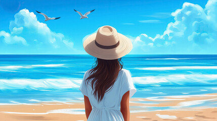 A beautiful girl in a white dress and sun hat stands on a beach, gazing at the serene ocean waves under a clear blue sky. 