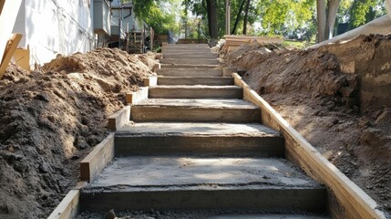 Concrete steps under construction leading to a landscaped area.