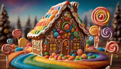 Naklejka premium Gingerbread House with Colorful Candy Landscape and Lollipop Trees