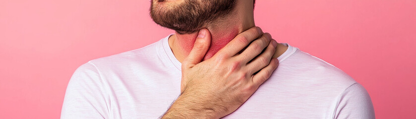 Fototapeta premium Man wincing from severe throat discomfort, holding neck in pain