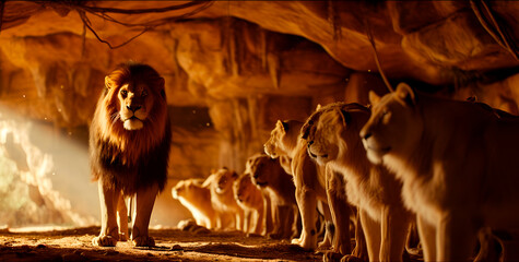 Majestic lion leading a pride in sunlit cave