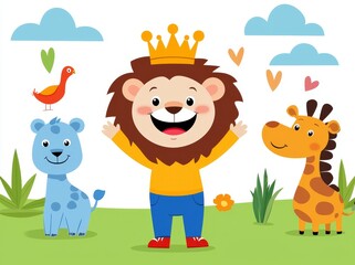 Naklejka premium A frisky lion cub with a crown, encircled by friends in a vivid jungle.