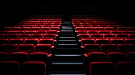 Obraz premium A darkened theater with red seats and stairs leading to the screen.