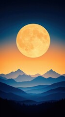 A stunning landscape featuring a large, bright moon rising over layered mountains at sunset, creating a serene and tranquil atmosphere.