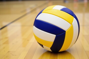 A vibrant volleyball on a polished indoor court, ideal for sports events and training.