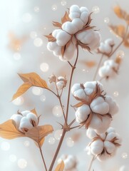 Closeup view of cotton plant with fluffy white blossoms. Nature spring floral bloom. Soft pastel tones create delicate aesthetic. Beautiful, pure natural cotton plant isolated on white background.
