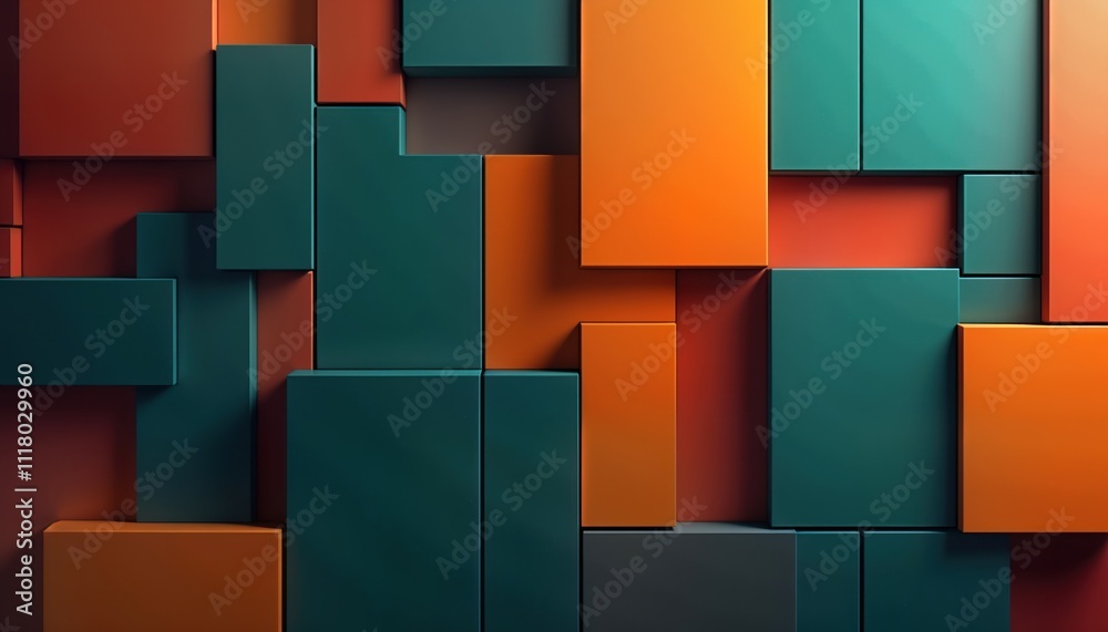 Poster Colorful blocks form abstract wall pattern. Geometric shapes create dynamic visual design. Arrangement of blocks creates interesting depth, perspective. Vibrant colors orange teal, brown make