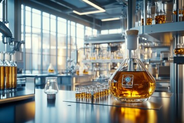 Advanced whisky distillery blending ai technology with modern science in a bright laboratory space