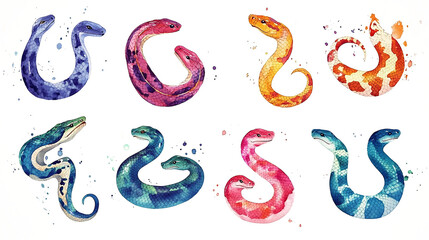 Set with watercolor snakes zodiac symbol celebrating the Lunar Chinese New Year 2025 vector illustration