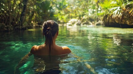 Fototapeta premium A serene figure in a lush, tropical setting, immersed in tranquil waters.