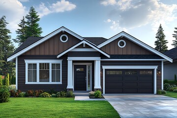 Obraz premium NAPERVILLE, IL, USA - SEPTEMBER 25, 2022: A beautiful, luxury home with white vinyl and wood siding, brown garage door, and wood pillars at sunset. 