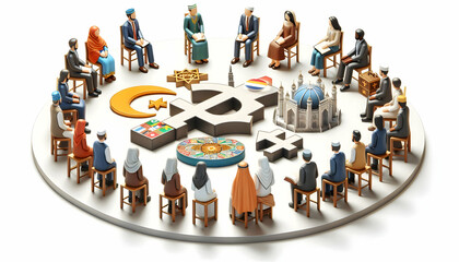 3D Cultural Exchange Workshop concept as People from different faiths participating in cultural exchange workshops sharing traditions fostering understanding World Religion Day collaborative session c