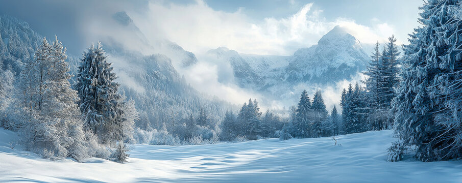serene winter landscape with heavy snowfall covering mountains and trees