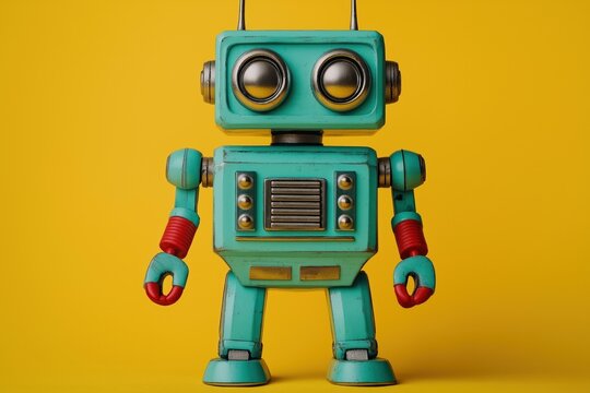 Vintage teal toy robot stands on yellow background. Retro style. Cute robot design evokes nostalgia for 1950s-1960s technology. Perfect for tech, nostalgic banners posters. Robot toy isolated for