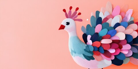 Colorful Art Piece of a Peacock Made from Felt Crafts on a Soft Pink Background, Perfect for Home Decor or Children&rsquo;s Room Design Ideas