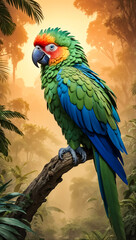 Fototapeta premium a parrot is perched on a branch in a tropical forest.