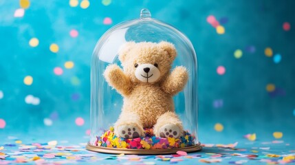 Adorable Teddy Bear Captured in Glass Bell Jar with Vibrant Confetti Base - Whimsical Childhood Memories Displayed