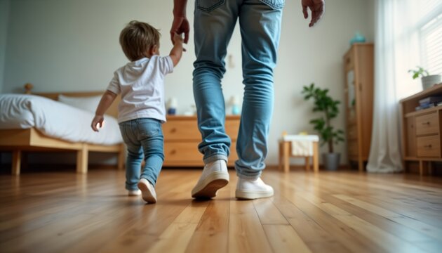 Father, toddler son walk together on hardwood floor in house. Hold hands. Casual attire. Indoor scene. Family time. Bonding moment. Gentle stroll. Love, connection between father, child. Warm - Powered by Adobe