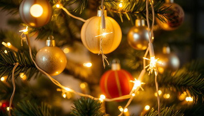 A beautifully decorated Christmas tree with glowing lights and ornaments, surrounded by wrapped gifts. The warm ambiance creates a festive, cozy atmosphere perfect for the holiday season.

