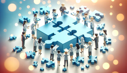 3D Employees collaborating on complex puzzle with bokeh digital art background copy space on right. concept as Employees collaborating on a complex puzzle with a bokeh digital art background represent