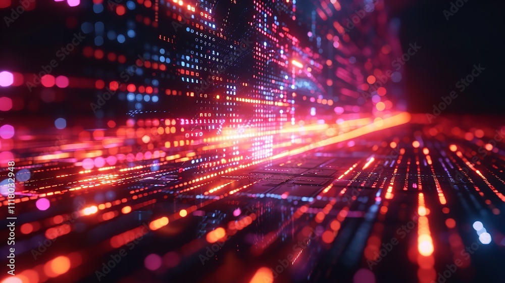 Poster digital landscape with flowing binary code.
