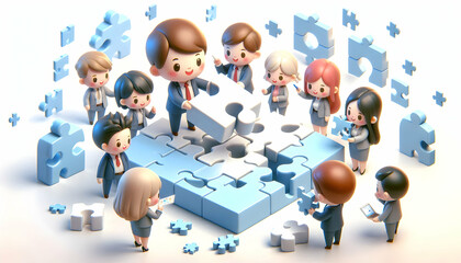 3D Employees enjoying puzzle solving with soft abstract digital background copy space on left. concept as Employees enjoying puzzle solving with a soft abstract digital background representing positiv