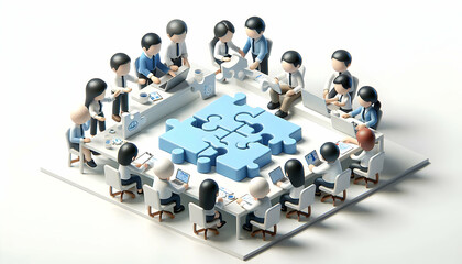 3D Employees working on interactive puzzle in open office copy space on left. concept as Employees working together on an interactive puzzle in an open office emphasizing collaboration and innovative 