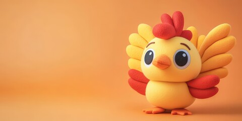 Obraz premium Cute and Colorful Cartoon Chicken Character with Bright Yellow and Red Feathers on a Warm Orange Background