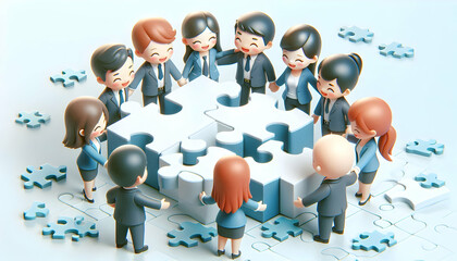 3D Employees working together on large puzzle with candid smiles soft abstract background copy space on left. concept as Employees working together on a large puzzle with candid smiles against a soft 