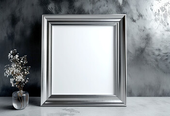 Elegant empty frame with delicate floral arrangement against a textured wall