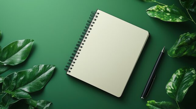 A blank spiral notebook lies on a green surface, surrounded by lush green leaves and a pen, creating a fresh and natural workspace vibe.