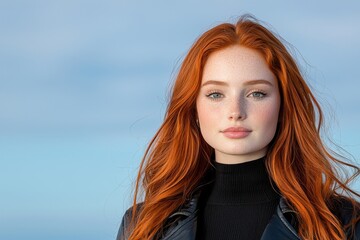 Fototapeta premium A young woman with fiery red hair stands against the backdrop of a sunset.