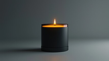 A dark, minimalist candle with a lit flame, casting a warm glow against a muted background.