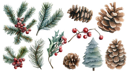 Watercolor Christmas decor set. Hand painted winter plants, fir, red Christmas ball, branches, pine, holly, mistletoe. Holiday winter vector illustration for design, print, background, greeting card.