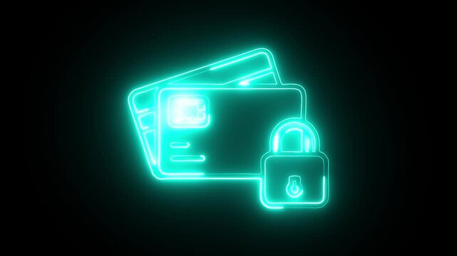 glowing neon secure payment icon isolated on black background. HD video motion graphic animation