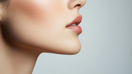 Close-up of a woman's smooth, flawless skin and natural lips with a soft-focus effect.