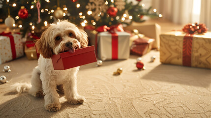 A charming scene featuring a small white and brown dog sitting contentedly on a beige carpet with a red gift box held gently in its mouth