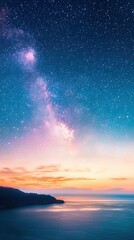 Fototapeta premium A stunning night sky filled with stars above a serene ocean, illuminated by a colorful sunset, creating a tranquil and breathtaking landscape.