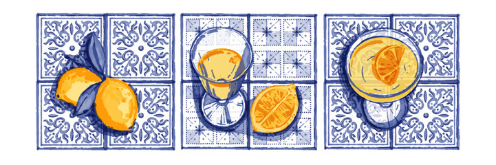 Mediterranean azulejo table ceramic, summer watercolor Italian illustration, vector limoncello glass. Blue mosaic ornament tile, cocktail, Sicily lemon cafe decoration border. Mediterranean azulejo