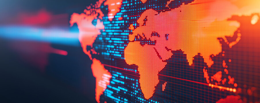 Digital world map with vibrant colors and data visualization