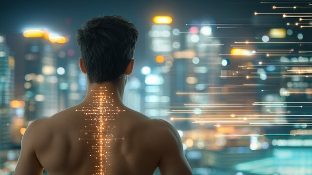 Connected dots forming digital sparks in night city.