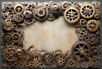 Intricate arrangement of gears creating a vintage steampunk frame design