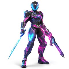 Obraz premium Gaming character with a glowing armor suit and energy sword on a white background