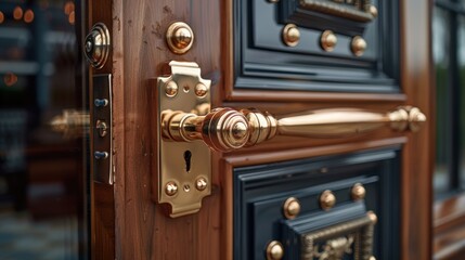 Antique iron door handle with intricate design adorns the weathered wooden door