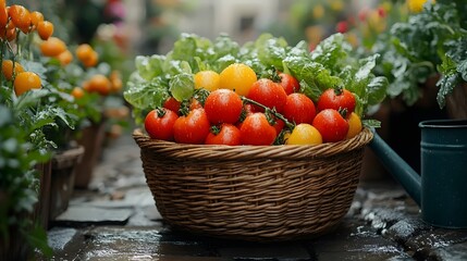 A basket full of tomatoes and green plants